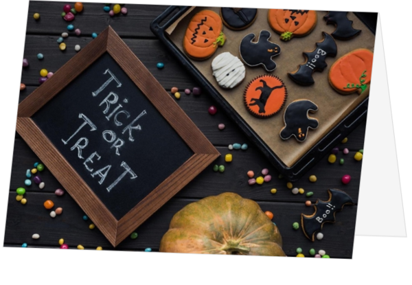 Halloweenkaart trick or treat bord