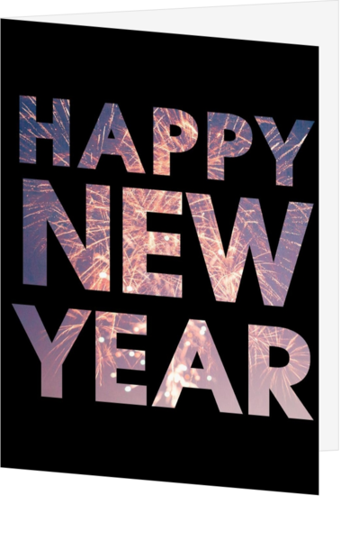 Nieuwjaarskaart vuurwerk tekst HAPPY NEW YEAR zwart