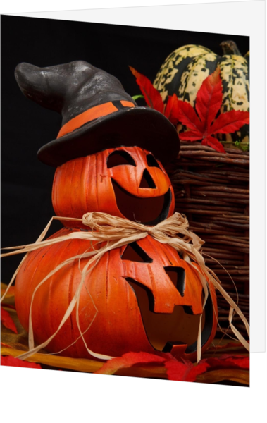 Halloweenkaart pompoenen met hoed